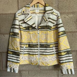 Chico’s Women’s Sz 1 Medium Cotton Blend Yellow Gray Aztec Jacquard Moto Jacket